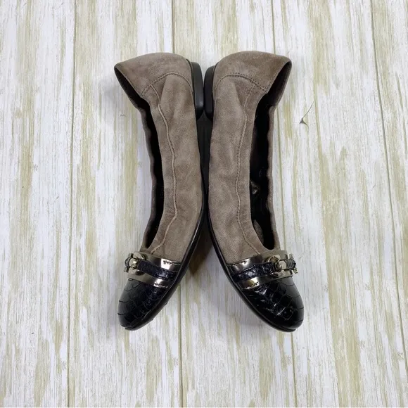 AGL Gray Suede Leather Cap Toe Buckle Ballet Flats