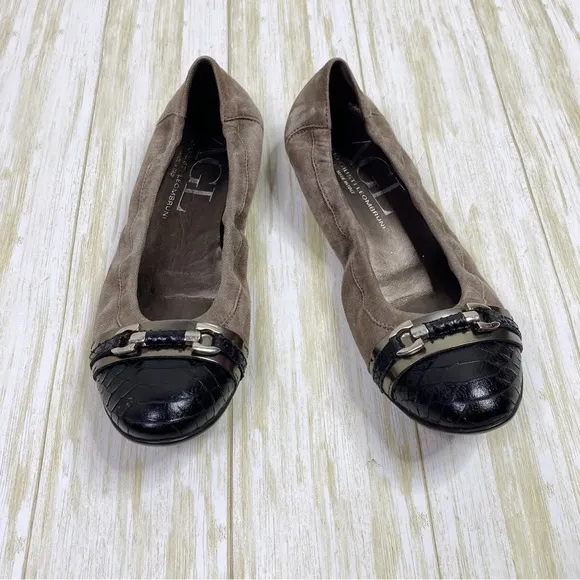 AGL Gray Suede Leather Cap Toe Buckle Ballet Flats