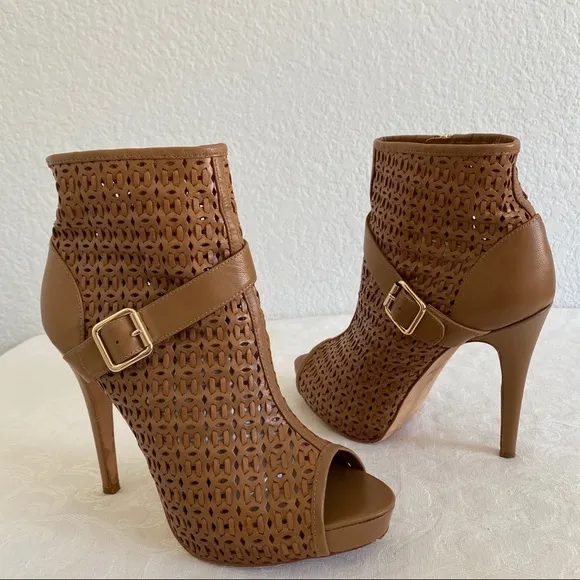 alegandra G side zip woven peep toe buckle boots