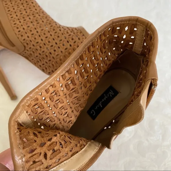 alegandra G side zip woven peep toe buckle boots