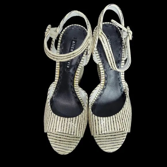 Alice Olivia Platform Sandals White and Black Chunky Wedge High Heel Leather 9