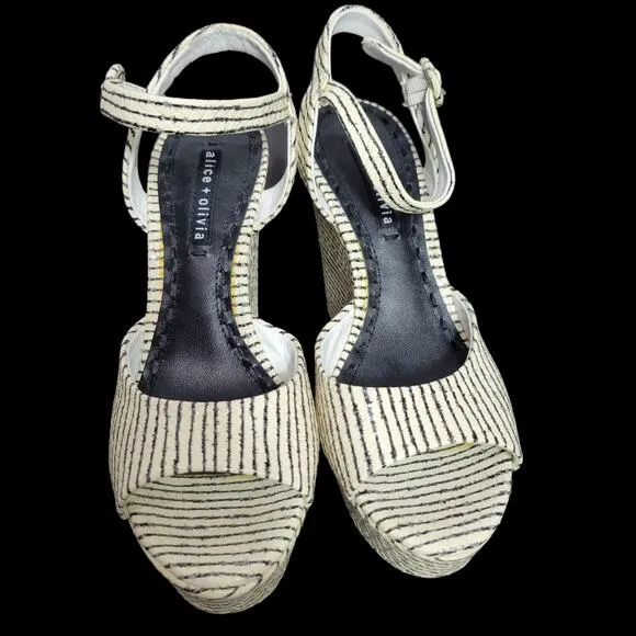 Alice Olivia Platform Sandals White and Black Chunky Wedge High Heel Leather 9
