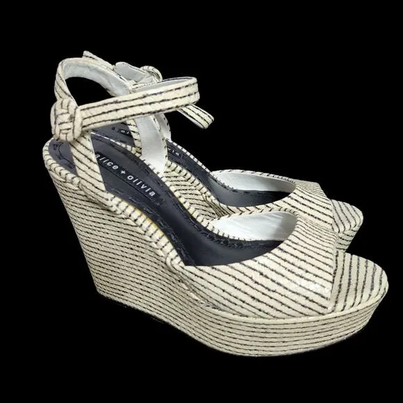 Alice Olivia Platform Sandals White and Black Chunky Wedge High Heel Leather 9