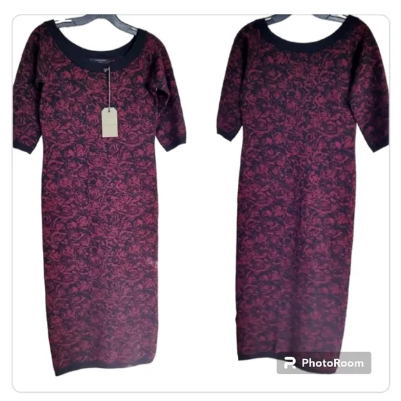 ALL SAINTS BLACK &amp; ROSE  OFF THE SHOULDER SWEATER MIDI BODYCON DRESS SZ L
