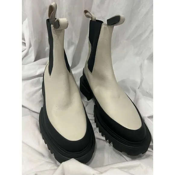 All Saints Women's White Black Pull On Harlee Lug Sole Chelsea Boot Size 39 NWOT