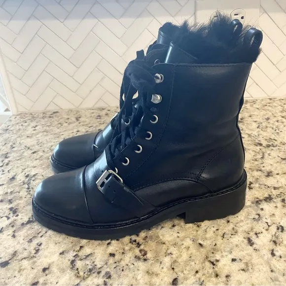 Allsaints Combat Boots Black Leather Side Zip Donita Womens Size 38