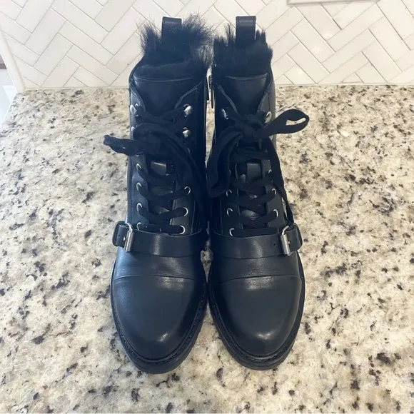 Allsaints Combat Boots Black Leather Side Zip Donita Womens Size 38