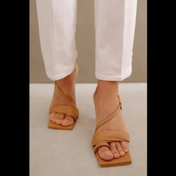 ALOHAS Asymmetric Straps Heels Square Toe Camel Color Size 42