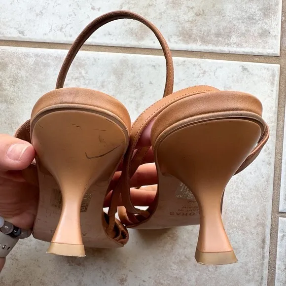 ALOHAS Asymmetric Straps Heels Square Toe Camel Color Size 42