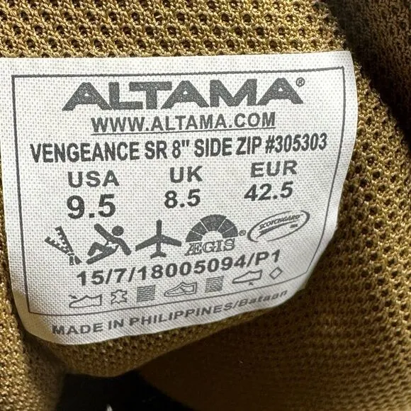 Altama Vengeance SR  8” Side-Zip 305303 Coyote Size 9,5US, Men’s Boots
