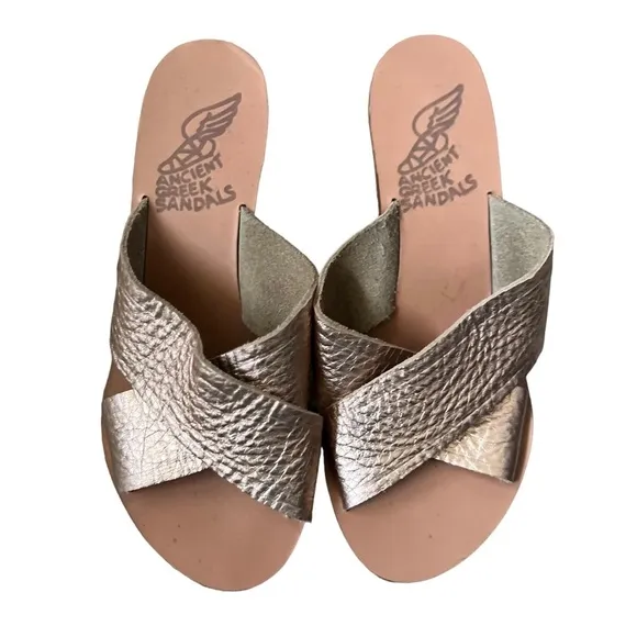 Ancient Greek Handmade Sandals Metallic Leather Wood Heel Size 6