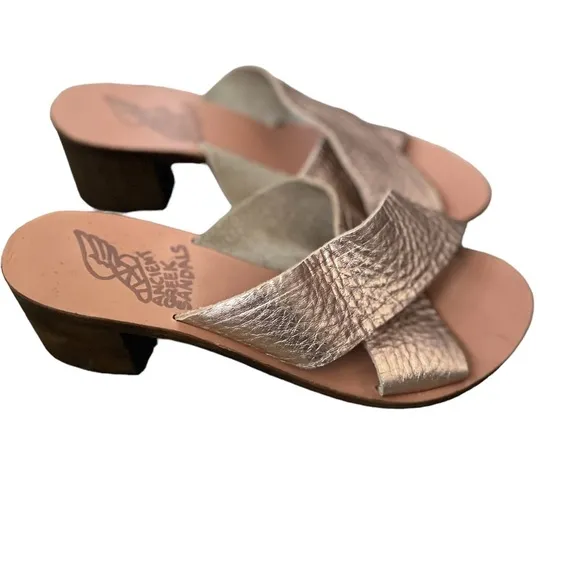 Ancient Greek Handmade Sandals Metallic Leather Wood Heel Size 6