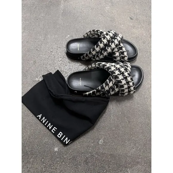 ANINE BING Lizzie Slides Sandals Houndstooth Black White Flats
