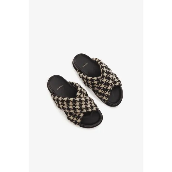 ANINE BING Lizzie Slides Sandals Houndstooth Black White Flats