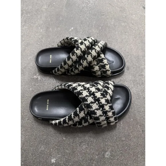 ANINE BING Lizzie Slides Sandals Houndstooth Black White Flats