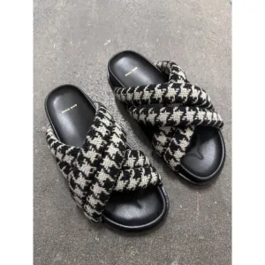 ANINE BING Lizzie Slides Sandals Houndstooth Black White Flats