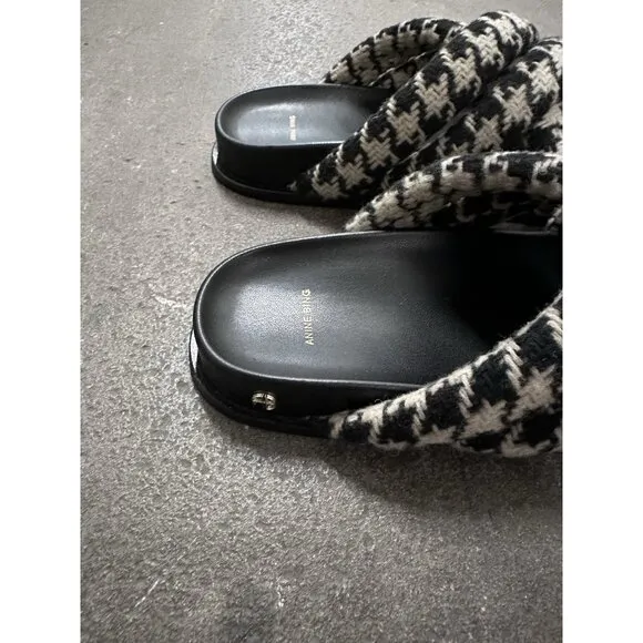 ANINE BING Lizzie Slides Sandals Houndstooth Black White Flats