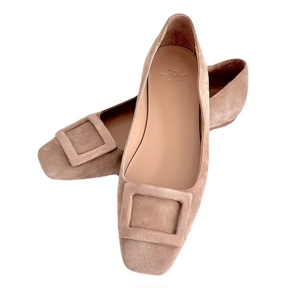 Ann Mashburn Taupe Nude Suede Buckle Flats in ‘Camel’, Size 38