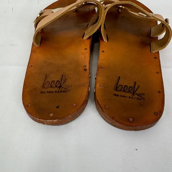 Anthropologie Beek Dipper Slide Sandals Size 7 Tan Leather Metal Embellishments