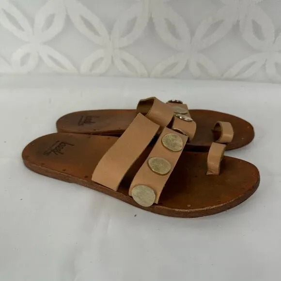 Anthropologie Beek Dipper Slide Sandals Size 7 Tan Leather Metal Embellishments