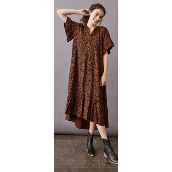 Anthropologie Brown Leopard Print Maeve Antoinette Maxi/Midi Dress EUC Size S