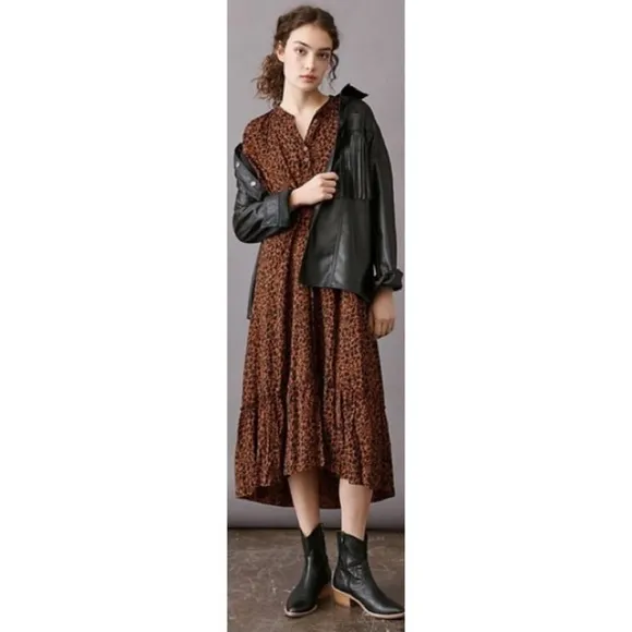 Anthropologie Brown Leopard Print Maeve Antoinette Maxi/Midi Dress EUC Size S