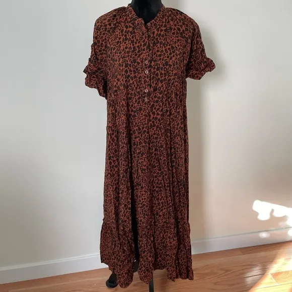 Anthropologie Brown Leopard Print Maeve Antoinette Maxi/Midi Dress EUC Size S