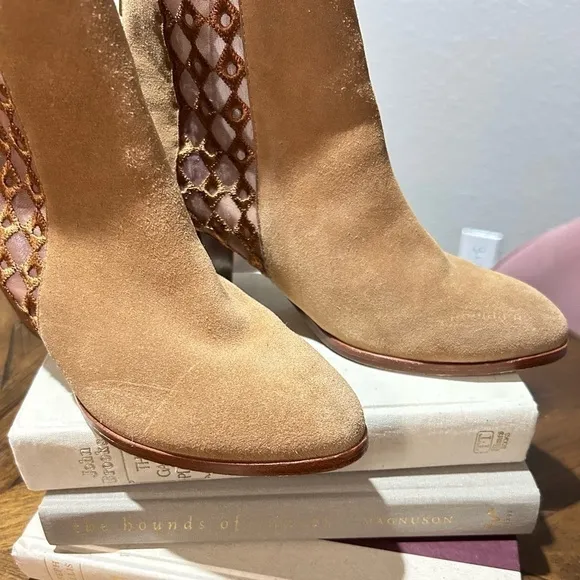 Anthropologie Camel Suede Sheer Side Ankle Boots
