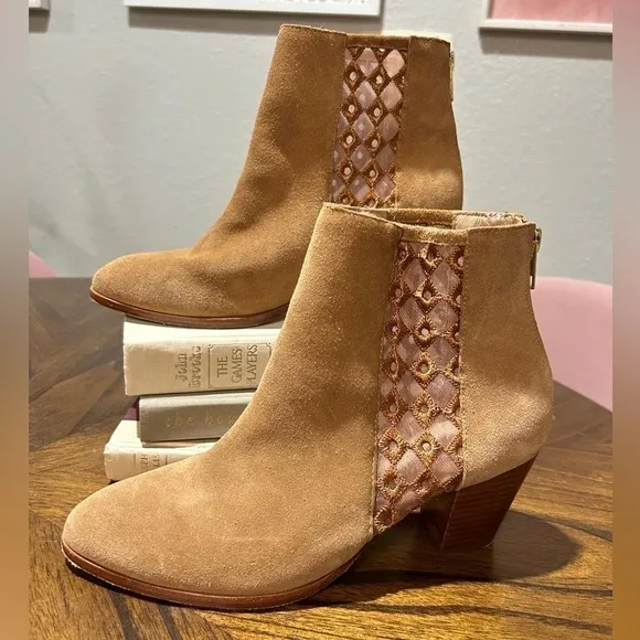 Anthropologie Camel Suede Sheer Side Ankle Boots