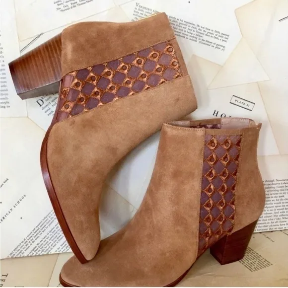 Anthropologie Camel Suede Sheer Side Ankle Boots