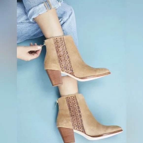 Anthropologie Camel Suede Sheer Side Ankle Boots