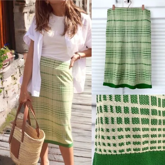 Anthropologie COS Midi Green Checked Jacquard Knit Skirt Size S