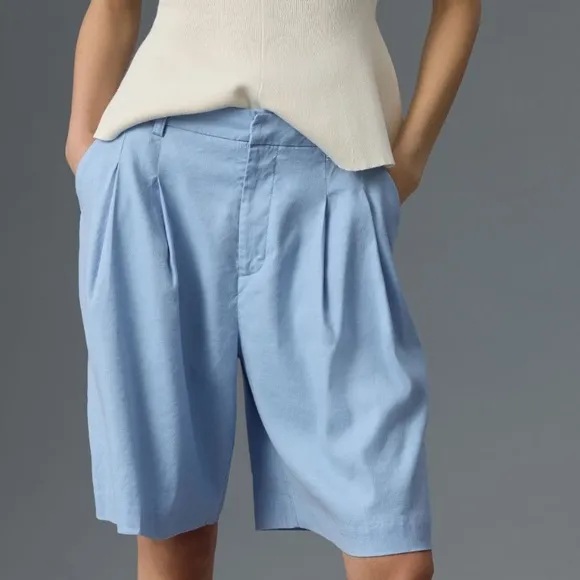 Anthropologie Maeve Avery Relaxed High-Rise Pleated Trouser Shorts Light Blue 0