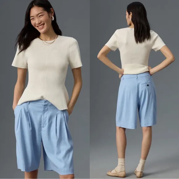 Anthropologie Maeve Avery Relaxed High-Rise Pleated Trouser Shorts Light Blue 0