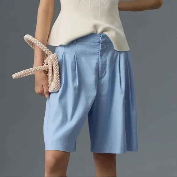Anthropologie Maeve Avery Relaxed High-Rise Pleated Trouser Shorts Light Blue 0