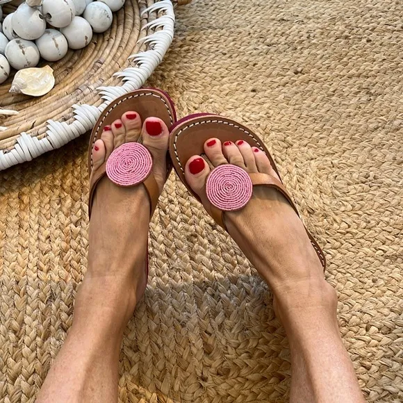 Anthropologie New Pink laidback London hand beaded Flip Flop sandal 🌈