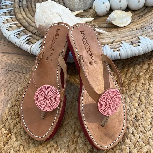Anthropologie New Pink laidback London hand beaded Flip Flop sandal 🌈