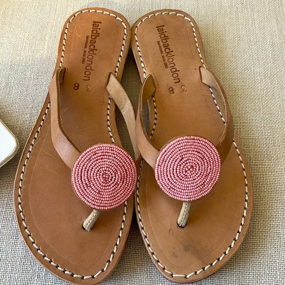 Anthropologie New Pink laidback London hand beaded Flip Flop sandal 🌈