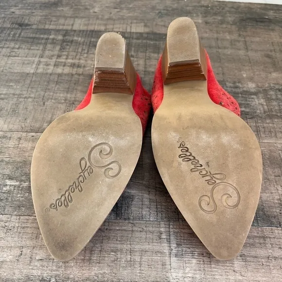 ANTHROPOLOGIE SEYCHELLES LASERCUT MULES RED SUEDE STACKED HEEL