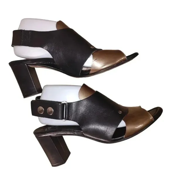 Anyi Lu Sling Back Sandals 9 40 Womens Black Tan Leather Handmade Chunky Heel