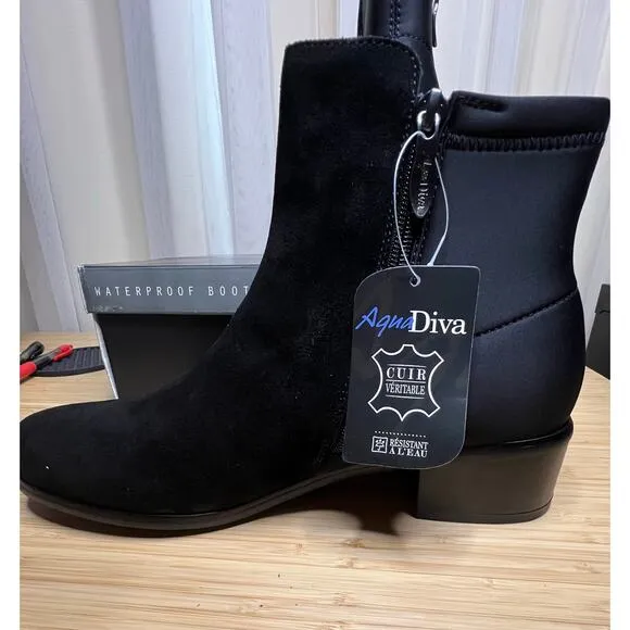 Aqua Diva Sz US 10 /EU41 Black Suede Neoprene Side Zip Waterproof Heeled Bootie