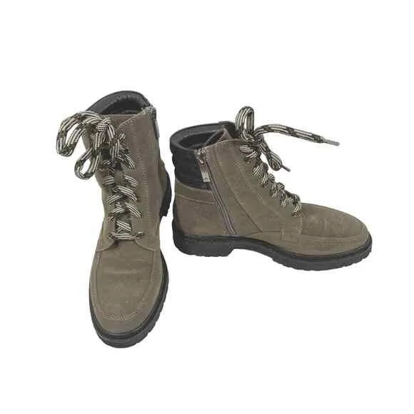 Aquatalia Mayra Suede Lace Up Side Zip Taupe/Black Weatherproof Boots 7M