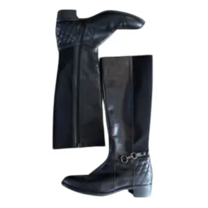 Aquatalia Oralie Black Knee-High Stretch Leather Riding Boots Side Zip Quilted 8