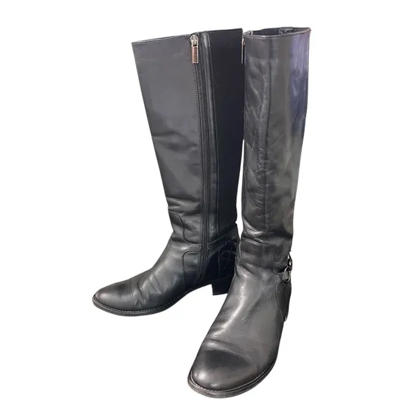 Aquatalia Oralie Black Knee-High Stretch Leather Riding Boots Side Zip Quilted 8