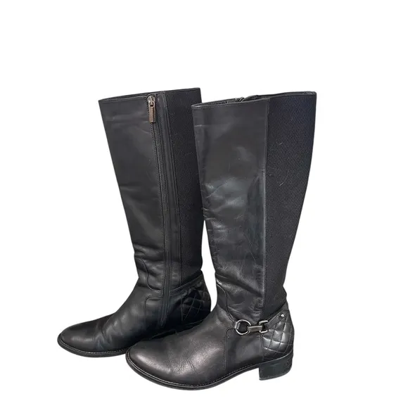 Aquatalia Oralie Black Knee-High Stretch Leather Riding Boots Side Zip Quilted 8