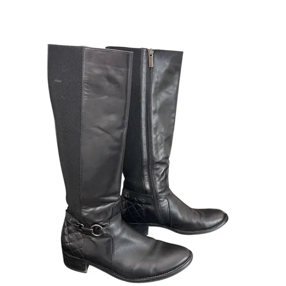 Aquatalia Oralie Black Knee-High Stretch Leather Riding Boots Side Zip Quilted 8