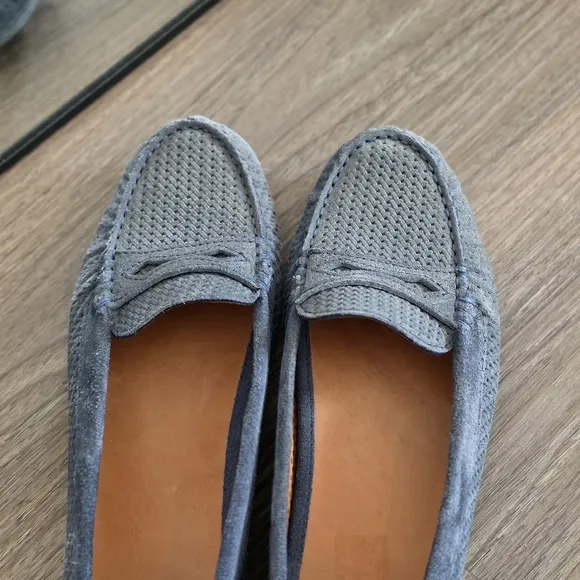 Aquatalia Perforated Blue Suede Driving Loafers, Size 6.5