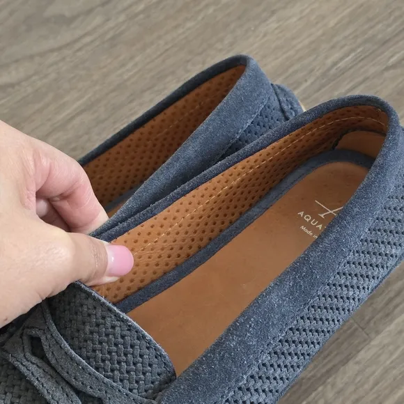 Aquatalia Perforated Blue Suede Driving Loafers, Size 6.5