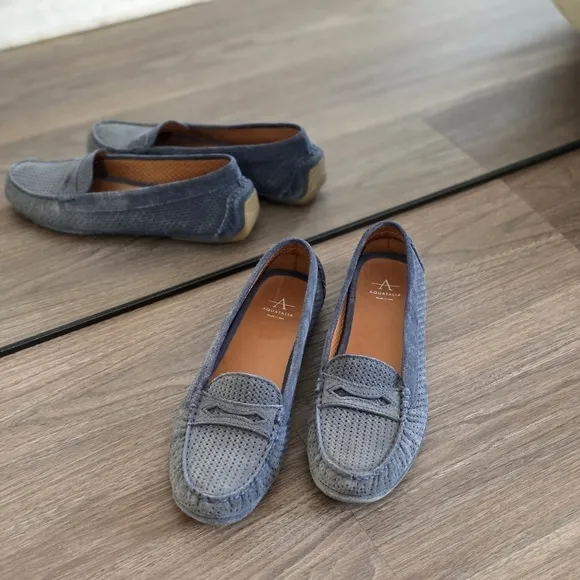 Aquatalia Perforated Blue Suede Driving Loafers, Size 6.5