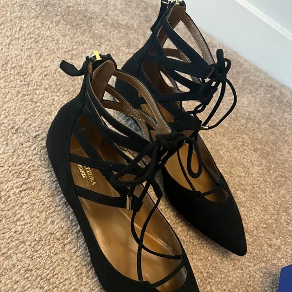 Aquazurra Belgravia Black Suede Lace Up Flats 37